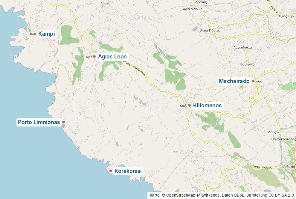 Karte des Westens von Zakynthos mit Agios Leon, Kiliomenos, Machairado, Kambi, Porto Limnionas und Korakonisi