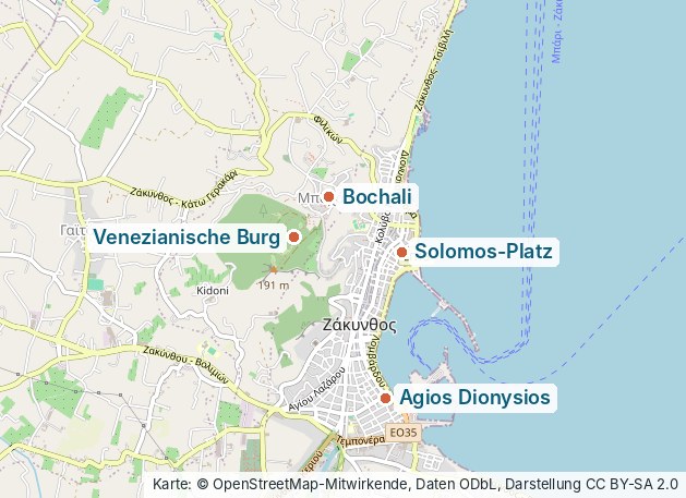 Karte von Zakynthos-Stadt mit der venezianischen Burg, Bochali, dem Solomos-Platz und der Kirche Agios Dionysios