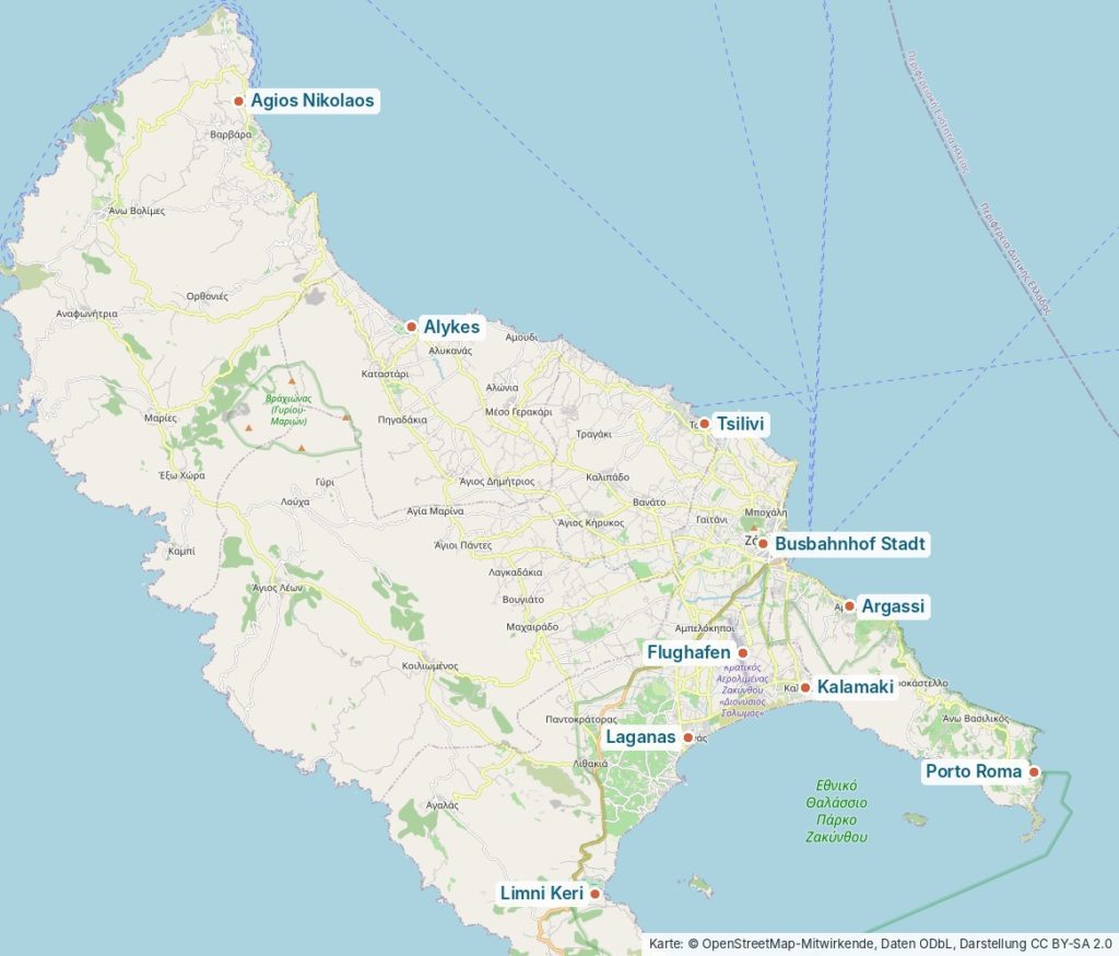 Inselkarte von Zakynthos mit den Endpunkten der KTEL-Buslinien von Agios Nikolaos bis Limni Keri