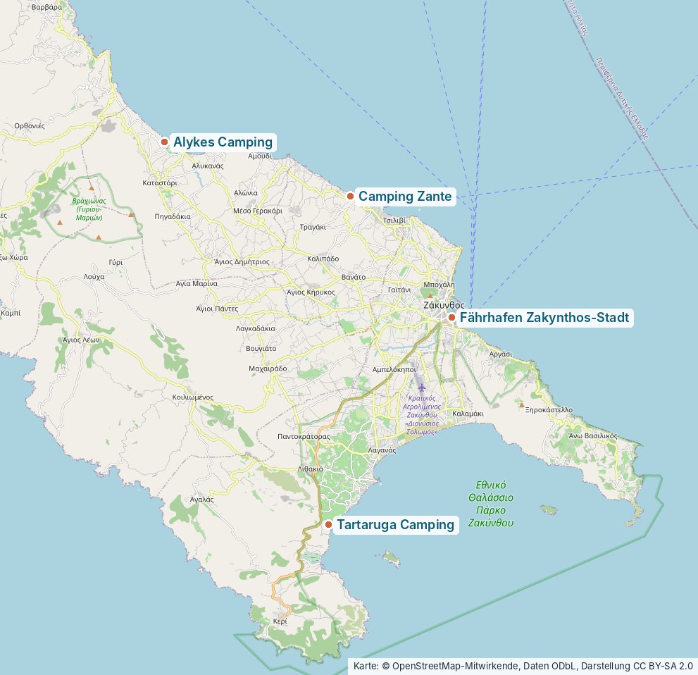 Karte von Zakynthos mit der Lage von Alykes Camping, Camping Zante bei Tsilivi, Tartaruga Camping bei Lithakia und dem Fährhafen in Zakynthos-Stadt