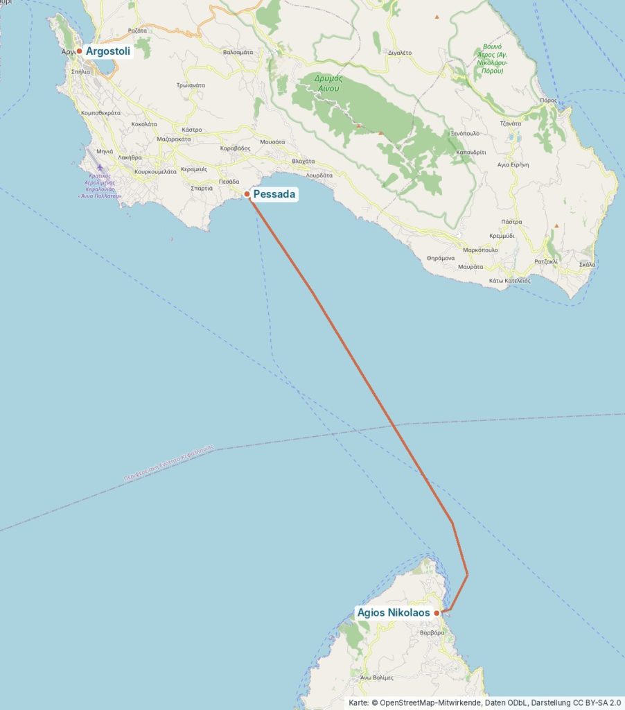 Karte mit dem Norden von Zakynthos und dem Süden von Kefalonia, eingezeichnet die Fährstrecke von Agios Nikolaos nach Pessada