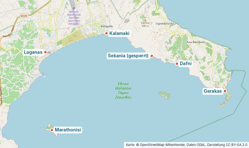 Die Niststrände der Bucht von Laganas mit Gerakas, Dafni und Kalamaki
