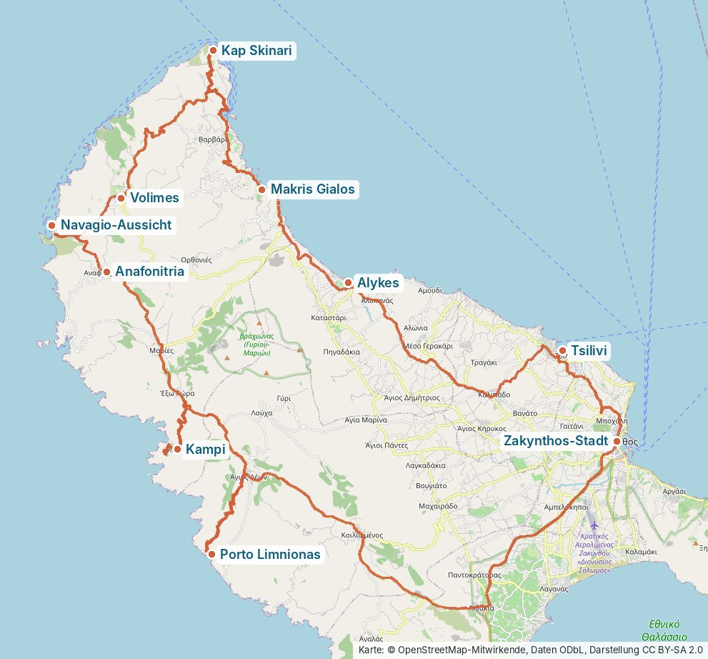 Karte von Zakynthos mit der eingezeichneten Route der Inselrundfahrt über Porto Limnionas, Kampi, Anafonitria, die Navagio-Aussicht, Volimes, Kap Skinari, Makris Gialos, Alykes und Tsilivi