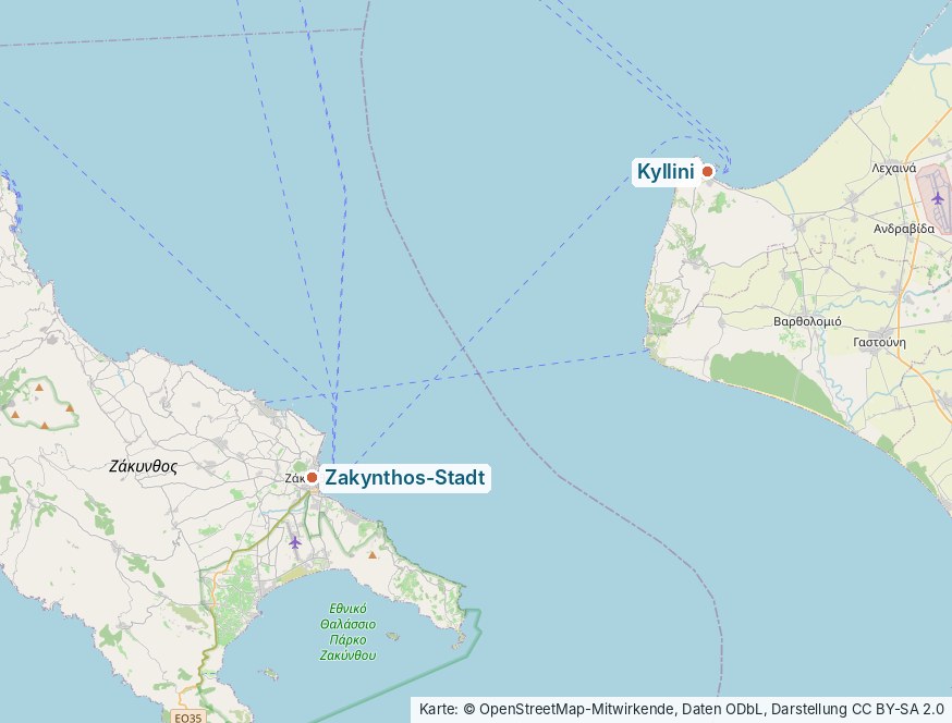 Karte mit dem Fährhafen Kyllini auf dem Peloponnes und Zakynthos-Stadt