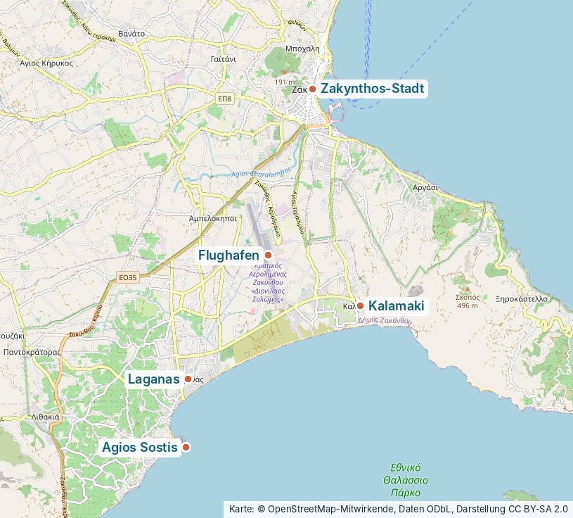 Karte mit Zakynthos-Stadt, Flughafen, Kalamaki, Laganas und Agios Sostis im Süden der Insel