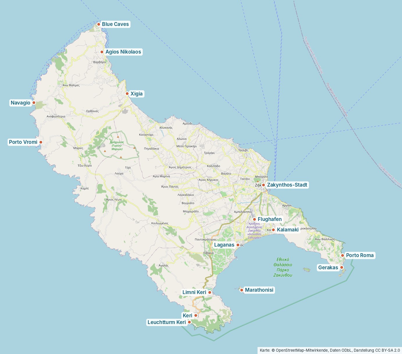 Karte von Zakynthos mit Navagio, Blue Caves, Zakynthos-Stadt, Laganas, Keri, Marathonisi und Gerakas