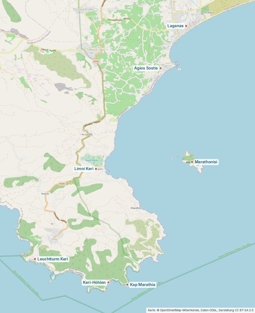 Karte des Südwestens von Zakynthos mit Laganas, Agios Sostis, Limni Keri, Marathonisi, Kap Marathia, Keri-Höhlen und Leuchtturm Keri