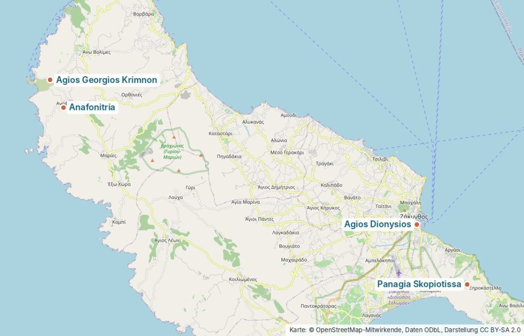 Karte von Zakynthos mit den Klöstern Agios Georgios Krimnon, Anafonitria, Agios Dionysios und Panagia Skopiotissa
