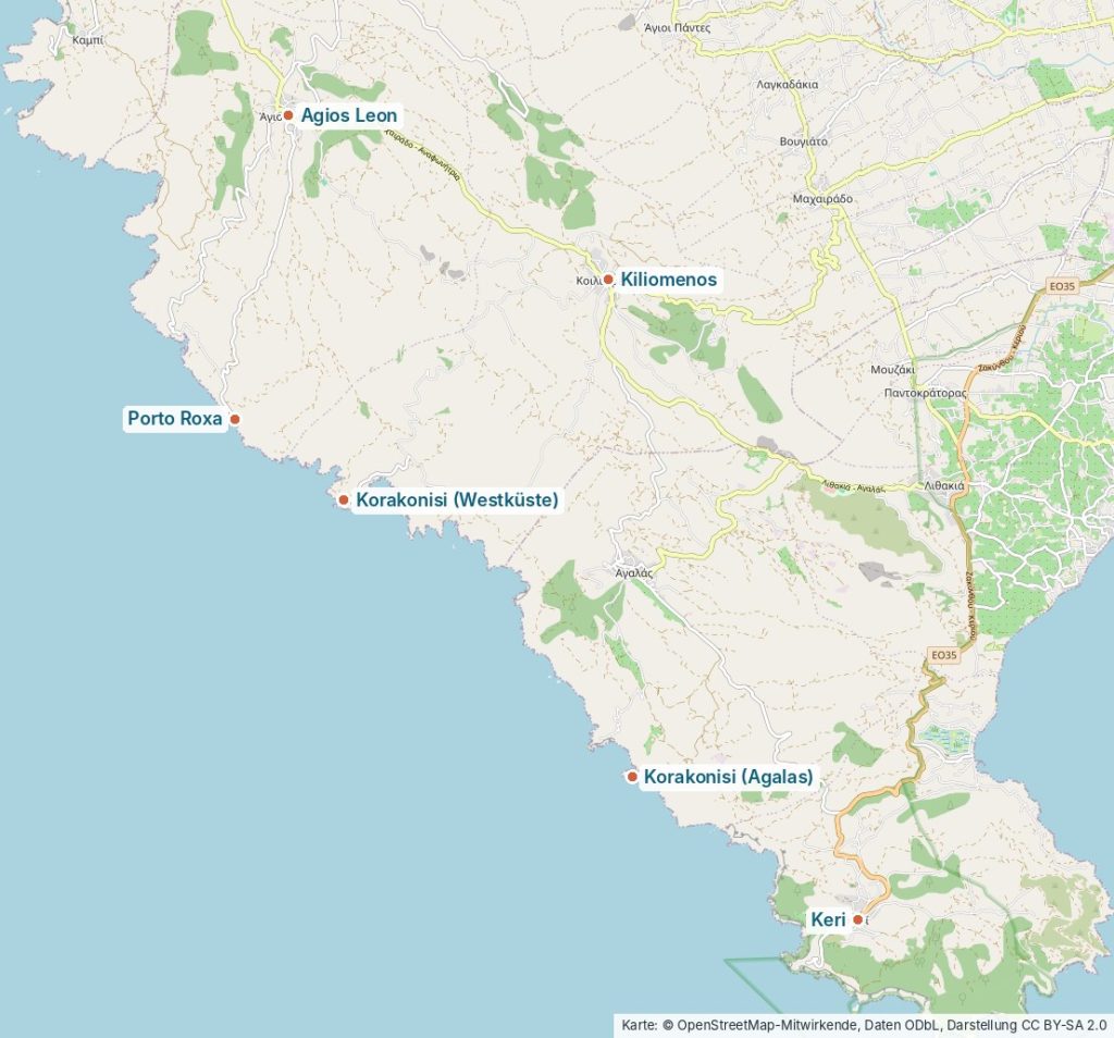 Karte des Südwestens von Zakynthos mit Korakonisi an der Westküste, Korakonisi bei Agalas, Kiliomenos, Agios Leon, Porto Roxa und Keri
