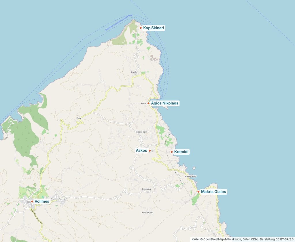 Karte des Nordens von Zakynthos mit Kap Skinari, Agios Nikolaos, Askos, Kremidi, Makris Gialos und Volimes