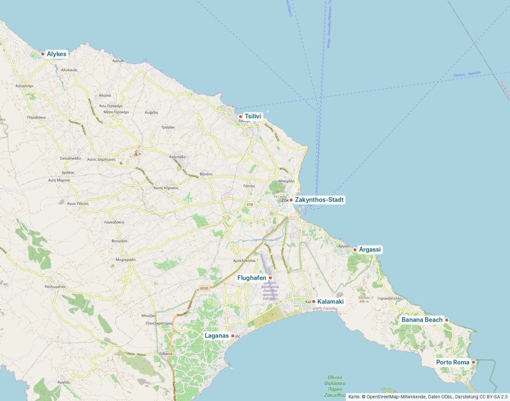 Karte des Ostens und Südens von Zakynthos mit den Endpunkten der Linienbusse: Alykes, Tsilivi, Argassi, Flughafen, Kalamaki, Laganas, Banana Beach und Porto Roma