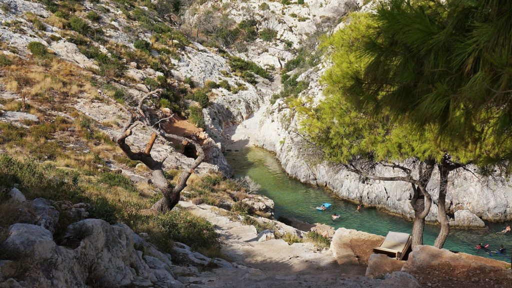 Felsufer und Pinien über der Bucht von Porto Limnionas