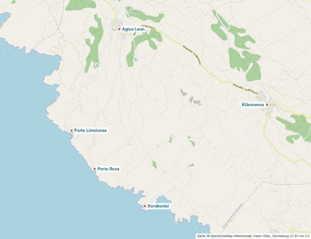 Karte der Westküste mit Agios Leon, Porto Limnionas, Porto Roxa, Korakonisi und Kiliomenos