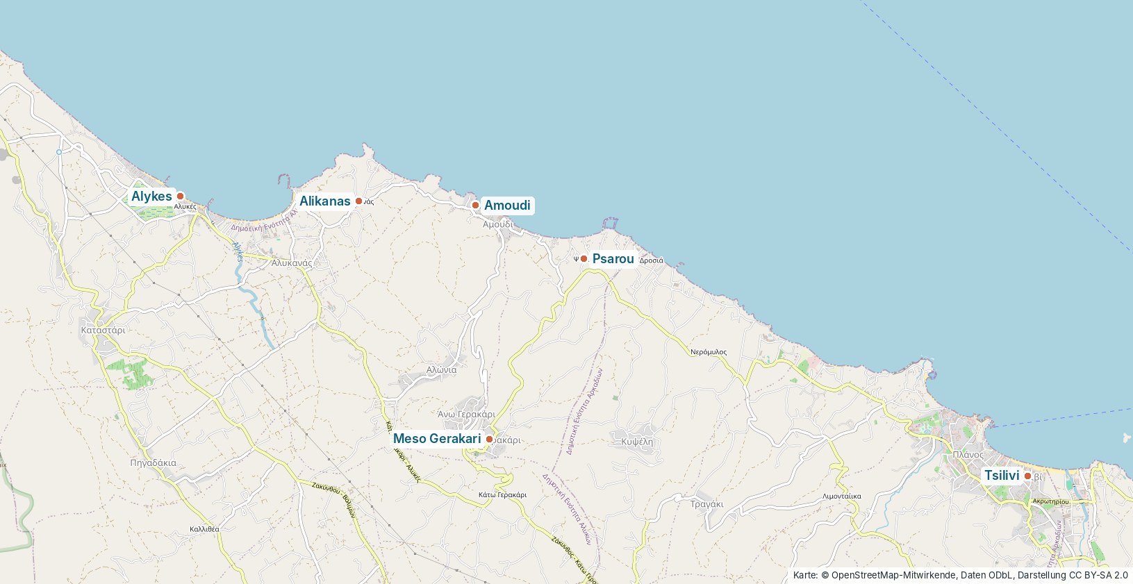 Karte der Nordostküste mit Alykes, Alikanas, Amoudi, Psarou, Meso Gerakari und Tsilivi