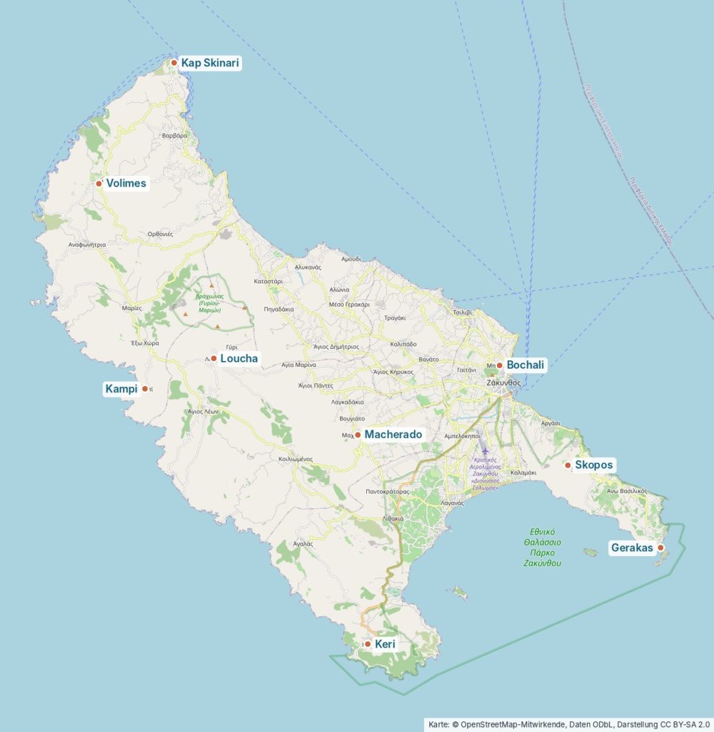 Karte von Zakynthos mit den Wandergebieten Kap Skinari, Volimes, Loucha, Kampi, Bochali, Macherado, Skopos, Gerakas und Keri