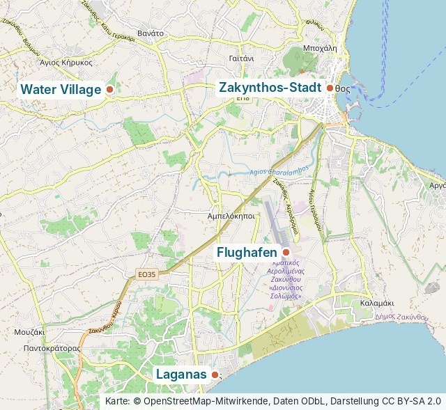 Karte mit Water Village, Zakynthos-Stadt, Flughafen und Laganas