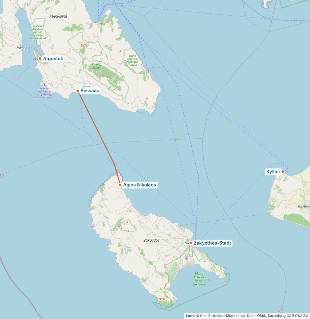 Karte mit dem Süden von Kefalonia und ganz Zakynthos, eingezeichnet die Fährlinie zwischen Pessada und Agios Nikolaos sowie Argostoli, Zakynthos-Stadt und Kyllini